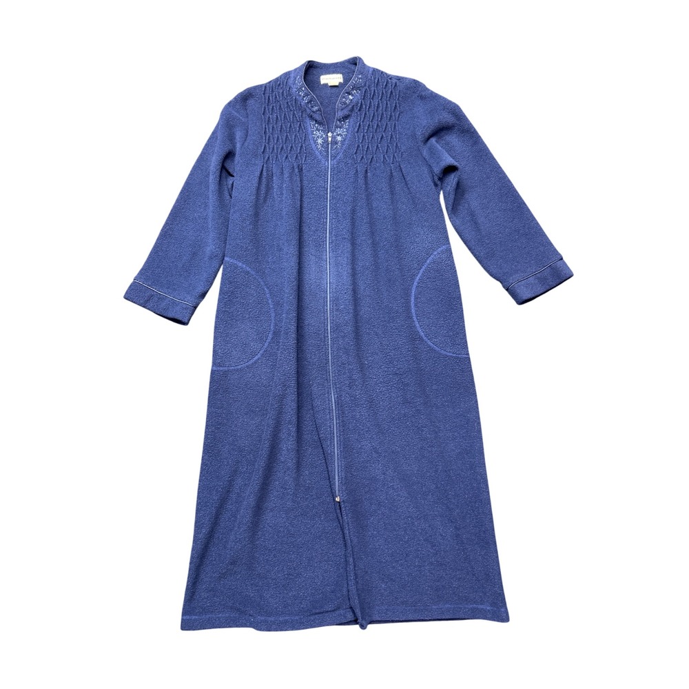 Miss Elaine Robe Housecoat Duster M Blue Zip Front Smocked Embroidered Fleece